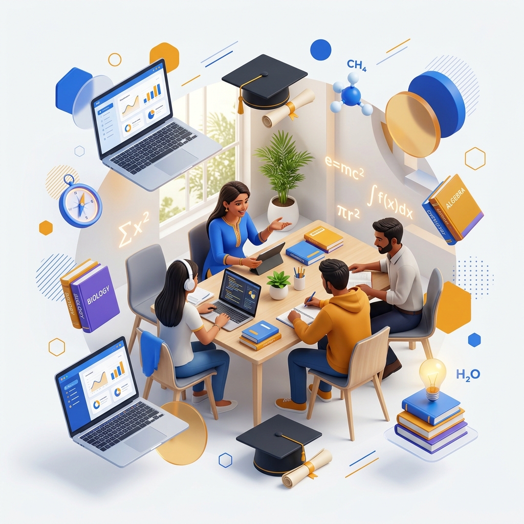Students learning at Veenapeeth Academy with modern educational tools